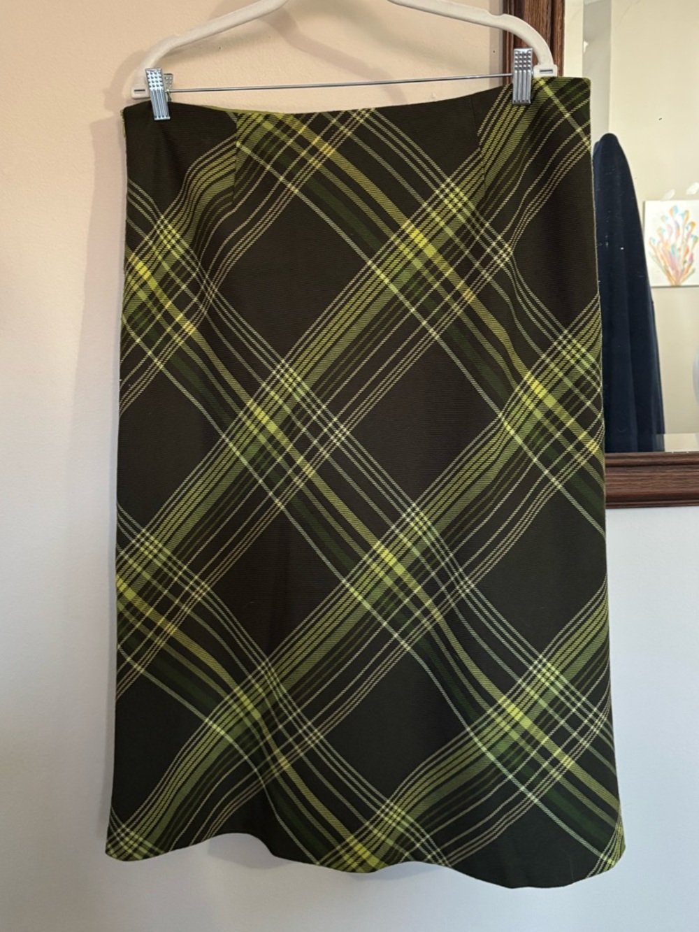 RAFAEL Olive and Chartreuse Plaid A-Line Midi Skirt size 14